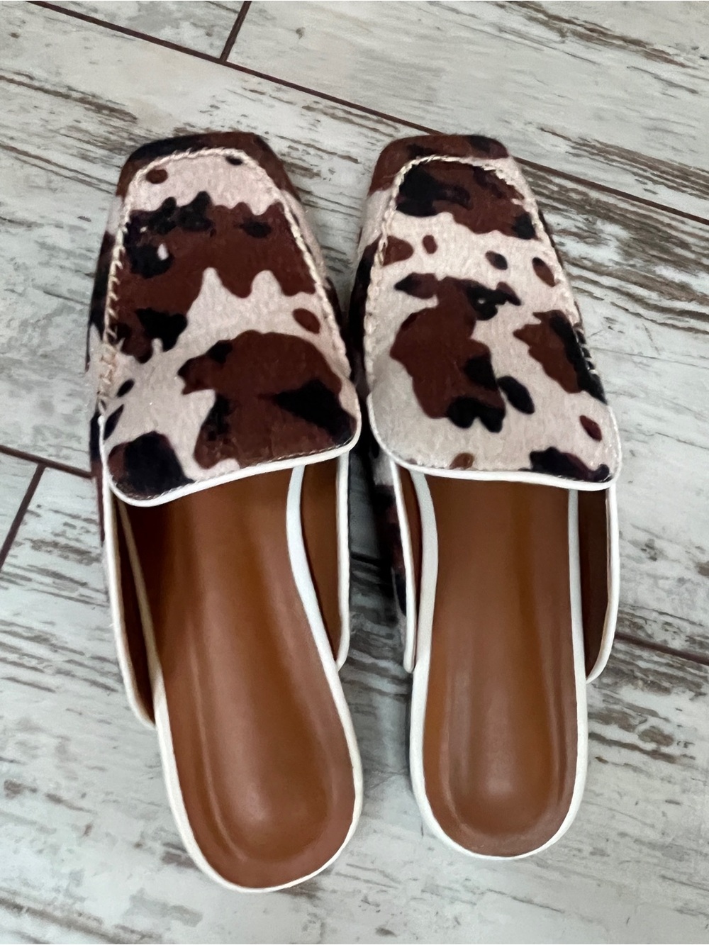 Cow Print Hair Calf Leather Square Toe Mules Womens 8 Low Heel Slip On Slides - Picture 12 of 16